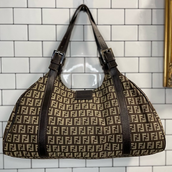 Vintage Fendi Brown Zucchino Canvas and Leather Borsa Piccola Satchel - Picture 3 of 16